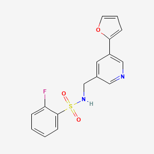 molecular formula C16H13FN2O3S B2371743 2-氟-N-((5-(呋喃-2-基)吡啶-3-基)甲基)苯磺酰胺 CAS No. 2034306-88-0