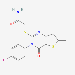 molecular formula C15H14FN3O2S2 B2371836 2-[[3-(4-フルオロフェニル)-6-メチル-4-オキソ-6,7-ジヒドロチエノ[3,2-d]ピリミジン-2-イル]スルファニル]アセトアミド CAS No. 851410-83-8