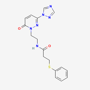 molecular formula C17H18N6O2S B2371854 N-(2-(6-oxo-3-(1H-1,2,4-triazol-1-yl)pyridazin-1(6H)-yl)ethyl)-3-(phenylthio)propanamide CAS No. 1448050-28-9