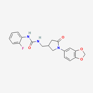molecular formula C19H18FN3O4 B2371906 1-((1-(Benzo[d][1,3]dioxol-5-yl)-5-oxopyrrolidin-3-yl)methyl)-3-(2-fluorophenyl)urea CAS No. 954698-31-8