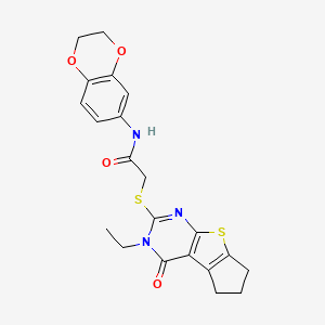 molecular formula C21H21N3O4S2 B2371913 N-(2,3-dihydrobenzo[b][1,4]dioxin-6-yl)-2-((3-ethyl-4-oxo-4,5,6,7-tetrahydro-3H-cyclopenta[4,5]thieno[2,3-d]pyrimidin-2-yl)thio)acetamide CAS No. 503432-55-1