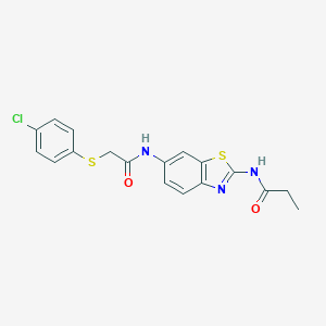 molecular formula C18H16ClN3O2S2 B237194 N-[6-({[(4-chlorophenyl)sulfanyl]acetyl}amino)-1,3-benzothiazol-2-yl]propanamide 