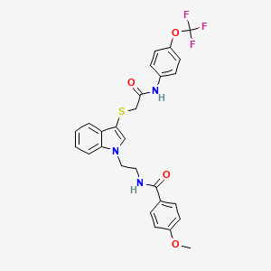 molecular formula C27H24F3N3O4S B2371976 4-methoxy-N-(2-(3-((2-oxo-2-((4-(trifluoromethoxy)phenyl)amino)ethyl)thio)-1H-indol-1-yl)ethyl)benzamide CAS No. 851412-81-2