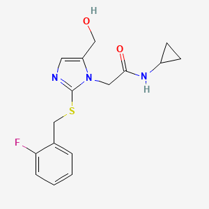 molecular formula C16H18FN3O2S B2371988 N-环丙基-2-(2-((2-氟苄基)硫代)-5-(羟甲基)-1H-咪唑-1-基)乙酰胺 CAS No. 921867-73-4