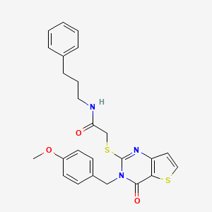 molecular formula C25H25N3O3S2 B2372130 2-{[3-(4-methoxybenzyl)-4-oxo-3,4-dihydrothieno[3,2-d]pyrimidin-2-yl]sulfanyl}-N-(3-phenylpropyl)acetamide CAS No. 894244-00-9