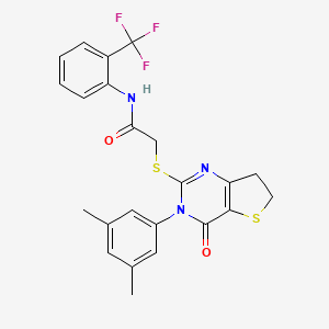 molecular formula C23H20F3N3O2S2 B2372163 2-[[3-(3,5-dimethylphenyl)-4-oxo-6,7-dihydrothieno[3,2-d]pyrimidin-2-yl]sulfanyl]-N-[2-(trifluoromethyl)phenyl]acetamide CAS No. 877653-65-1