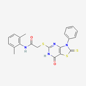 molecular formula C21H18N4O2S3 B2372276 N-(2,6-dimethylphenyl)-2-((7-oxo-3-phenyl-2-thioxo-2,3,6,7-tetrahydrothiazolo[4,5-d]pyrimidin-5-yl)thio)acetamide CAS No. 1021264-10-7