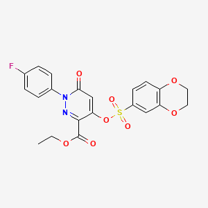 molecular formula C21H17FN2O8S B2372335 Ethyl 4-(((2,3-dihydrobenzo[b][1,4]dioxin-6-yl)sulfonyl)oxy)-1-(4-fluorophenyl)-6-oxo-1,6-dihydropyridazine-3-carboxylate CAS No. 899959-24-1