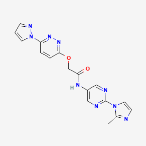 molecular formula C17H15N9O2 B2372342 2-((6-(1H-pyrazol-1-yl)pyridazin-3-yl)oxy)-N-(2-(2-methyl-1H-imidazol-1-yl)pyrimidin-5-yl)acetamide CAS No. 1428374-23-5