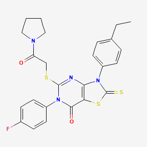 molecular formula C25H23FN4O2S3 B2372459 3-(4-乙基苯基)-6-(4-氟苯基)-5-(2-氧代-2-吡咯烷-1-基乙基)硫代-2-硫代亚甲基-[1,3]噻唑并[4,5-d]嘧啶-7-酮 CAS No. 422299-38-5