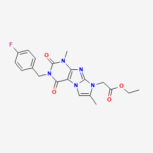 molecular formula C20H20FN5O4 B2372638 ethyl 2-(3-(4-fluorobenzyl)-1,7-dimethyl-2,4-dioxo-3,4-dihydro-1H-imidazo[2,1-f]purin-8(2H)-yl)acetate CAS No. 919009-64-6