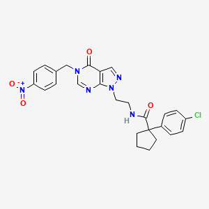 molecular formula C26H25ClN6O4 B2372650 1-(4-chlorophenyl)-N-(2-(5-(4-nitrobenzyl)-4-oxo-4,5-dihydro-1H-pyrazolo[3,4-d]pyrimidin-1-yl)ethyl)cyclopentanecarboxamide CAS No. 922038-07-1