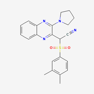 molecular formula C22H22N4O2S B2372669 2-(3,4-Dimethylphenyl)sulfonyl-2-(3-pyrrolidin-1-ylquinoxalin-2-yl)acetonitrile CAS No. 844654-19-9