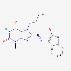 molecular formula C18H19N7O3 B2372746 (E)-7-butyl-3-methyl-8-(2-(2-oxoindolin-3-ylidene)hydrazinyl)-1H-purine-2,6(3H,7H)-dione CAS No. 321731-81-1
