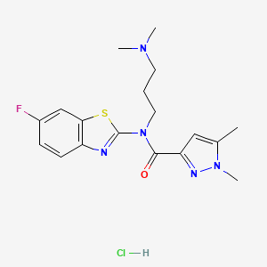 molecular formula C18H23ClFN5OS B2372891 N-(3-(dimethylamino)propyl)-N-(6-fluorobenzo[d]thiazol-2-yl)-1,5-dimethyl-1H-pyrazole-3-carboxamide hydrochloride CAS No. 1216916-60-7