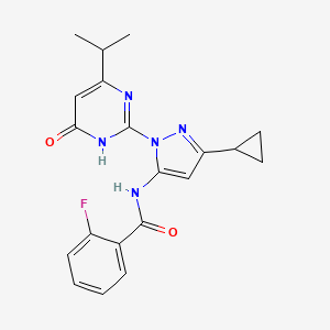 molecular formula C20H20FN5O2 B2372912 N-(3-cyclopropyl-1-(4-isopropyl-6-oxo-1,6-dihydropyrimidin-2-yl)-1H-pyrazol-5-yl)-2-fluorobenzamide CAS No. 1207053-40-4