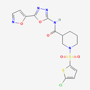 molecular formula C15H14ClN5O5S2 B2372921 1-((5-氯噻吩-2-基)磺酰基)-N-(5-(异恶唑-5-基)-1,3,4-恶二唑-2-基)哌啶-3-甲酰胺 CAS No. 946362-84-1