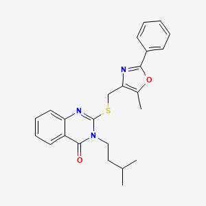 molecular formula C24H25N3O2S B2372939 3-isopentyl-2-(((5-methyl-2-phenyloxazol-4-yl)methyl)thio)quinazolin-4(3H)-one CAS No. 1114646-18-2