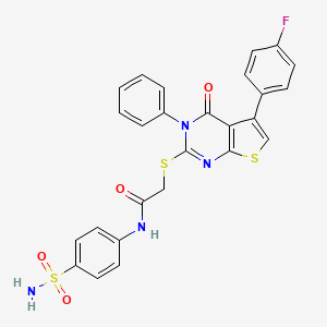 molecular formula C26H19FN4O4S3 B2372950 2-((5-(4-fluorophenyl)-4-oxo-3-phenyl-3,4-dihydrothieno[2,3-d]pyrimidin-2-yl)thio)-N-(4-sulfamoylphenyl)acetamide CAS No. 496026-00-7