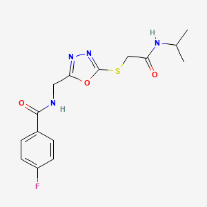 molecular formula C15H17FN4O3S B2372963 4-fluoro-N-((5-((2-(isopropylamino)-2-oxoethyl)thio)-1,3,4-oxadiazol-2-yl)methyl)benzamide CAS No. 904270-76-4
