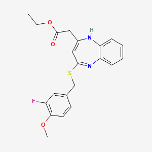 molecular formula C21H21FN2O3S B2373066 ethyl {4-[(3-fluoro-4-methoxybenzyl)thio]-1H-1,5-benzodiazepin-2-yl}acetate CAS No. 1251695-25-6
