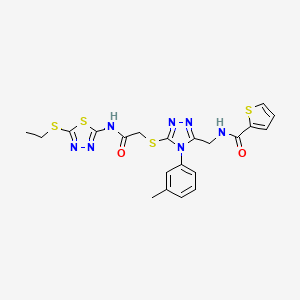 molecular formula C21H21N7O2S4 B2373072 N-[[5-[2-[(5-ethylsulfanyl-1,3,4-thiadiazol-2-yl)amino]-2-oxoethyl]sulfanyl-4-(3-methylphenyl)-1,2,4-triazol-3-yl]methyl]thiophene-2-carboxamide CAS No. 394215-24-8