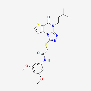 molecular formula C22H25N5O4S2 B2373125 N-(3,5-dimethoxyphenyl)-2-((4-isopentyl-5-oxo-4,5-dihydrothieno[2,3-e][1,2,4]triazolo[4,3-a]pyrimidin-1-yl)thio)acetamide CAS No. 1189694-10-7