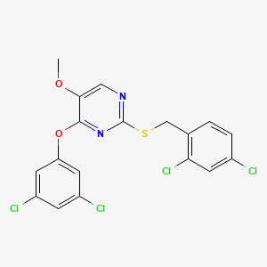 molecular formula C18H12Cl4N2O2S B2373152 2-[(2,4-二氯苄基)硫代]-4-(3,5-二氯苯氧基)-5-甲氧基嘧啶 CAS No. 339275-90-0