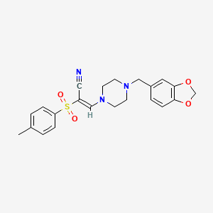 molecular formula C22H23N3O4S B2373167 (2E)-3-[4-(1,3-benzodioxol-5-ylmethyl)piperazin-1-yl]-2-[(4-methylphenyl)sulfonyl]prop-2-enenitrile CAS No. 885186-38-9