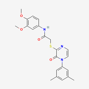 molecular formula C22H23N3O4S B2373183 N-(3,4-二甲氧基苯基)-2-((4-(3,5-二甲基苯基)-3-氧代-3,4-二氢吡嗪-2-基)硫代)乙酰胺 CAS No. 895110-07-3
