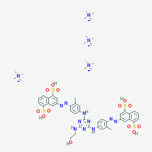 molecular formula C55H82N14O13S4+4 B237326 Methanaminium, N,N,N-trimethyl-, salt with 3,3'-((6-((2-hydroxyethyl)amino)-1,3,5-triazine-2,4-diyl)bis(imino(2-methyl-4,1-phenylene)azo))bis(1,5-naphthalenedisulfonic acid) (4:1) CAS No. 131013-83-7