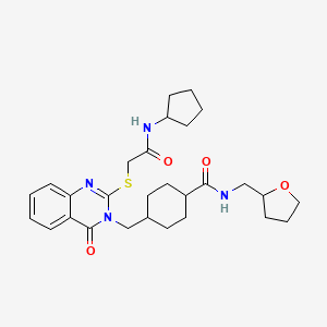 molecular formula C28H38N4O4S B2373321 4-((2-((2-(环戊基氨基)-2-氧代乙基)硫代)-4-氧代喹唑啉-3(4H)-基)甲基)-N-((四氢呋喃-2-基)甲基)环己烷甲酰胺 CAS No. 444184-73-0