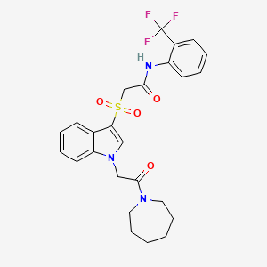 molecular formula C25H26F3N3O4S B2373322 2-((1-(2-(azepan-1-yl)-2-oxoethyl)-1H-indol-3-yl)sulfonyl)-N-(2-(trifluoromethyl)phenyl)acetamide CAS No. 878059-54-2