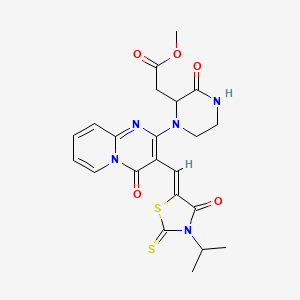 molecular formula C22H23N5O5S2 B2373342 (Z)-methyl 2-(1-(3-((3-isopropyl-4-oxo-2-thioxothiazolidin-5-ylidene)methyl)-4-oxo-4H-pyrido[1,2-a]pyrimidin-2-yl)-3-oxopiperazin-2-yl)acetate CAS No. 1025360-63-7