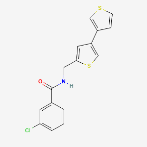 molecular formula C16H12ClNOS2 B2373454 3-Chloro-N-[(4-thiophen-3-ylthiophen-2-yl)methyl]benzamide CAS No. 2380008-62-6