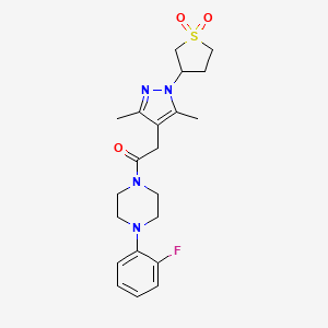 molecular formula C21H27FN4O3S B2373487 2-(1-(1,1-dioxidotetrahydrothiophen-3-yl)-3,5-dimethyl-1H-pyrazol-4-yl)-1-(4-(2-fluorophenyl)piperazin-1-yl)ethanone CAS No. 1207025-05-5