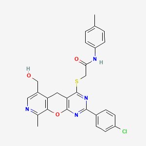 molecular formula C27H23ClN4O3S B2373514 2-{[2-(4-chlorophenyl)-6-(hydroxymethyl)-9-methyl-5H-pyrido[4',3':5,6]pyrano[2,3-d]pyrimidin-4-yl]thio}-N-(4-methylphenyl)acetamide CAS No. 892383-71-0