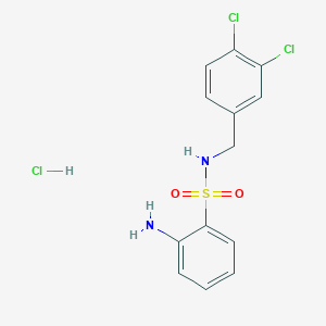 molecular formula C13H13Cl3N2O2S B2373541 2-amino-N-[(3,4-dichlorophenyl)methyl]benzene-1-sulfonamide hydrochloride CAS No. 1030010-10-6