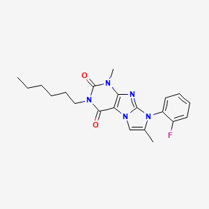 molecular formula C21H24FN5O2 B2373645 6-(2-Fluorophenyl)-2-hexyl-4,7-dimethylpurino[7,8-a]imidazole-1,3-dione CAS No. 904372-09-4