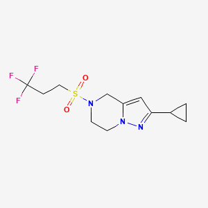 molecular formula C12H16F3N3O2S B2373662 2-Cyclopropyl-5-((3,3,3-trifluoropropyl)sulfonyl)-4,5,6,7-tetrahydropyrazolo[1,5-a]pyrazine CAS No. 2034419-27-5