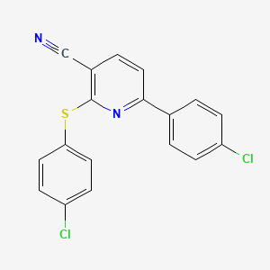 molecular formula C18H10Cl2N2S B2373677 6-(4-Chlorophenyl)-2-[(4-chlorophenyl)sulfanyl]nicotinonitrile CAS No. 252059-05-5