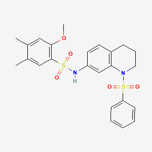 molecular formula C24H26N2O5S2 B2373681 2-methoxy-4,5-dimethyl-N-(1-(phenylsulfonyl)-1,2,3,4-tetrahydroquinolin-7-yl)benzenesulfonamide CAS No. 951460-31-4