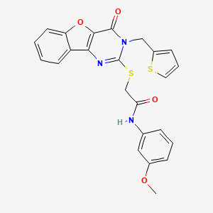 molecular formula C24H19N3O4S2 B2373708 N-(3-methoxyphenyl)-2-{[4-oxo-3-(thiophen-2-ylmethyl)-3,4-dihydro[1]benzofuro[3,2-d]pyrimidin-2-yl]sulfanyl}acetamide CAS No. 900002-34-8