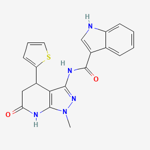 molecular formula C20H17N5O2S B2373763 N-(1-methyl-6-oxo-4-(thiophen-2-yl)-4,5,6,7-tetrahydro-1H-pyrazolo[3,4-b]pyridin-3-yl)-1H-indole-3-carboxamide CAS No. 1203112-79-1