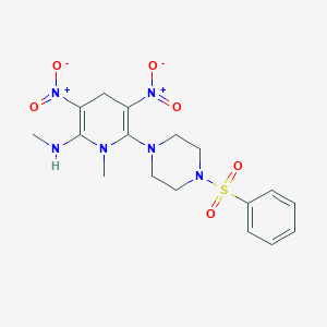 molecular formula C17H22N6O6S B2373892 N,1-二甲基-3,5-二硝基-6-[4-(苯磺酰)哌嗪基]-1,4-二氢-2-吡啶胺 CAS No. 339020-84-7