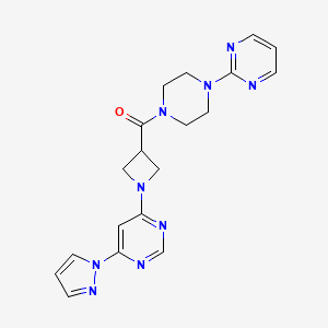 molecular formula C19H21N9O B2373903 (1-(6-(1H-pyrazol-1-yl)pyrimidin-4-yl)azetidin-3-yl)(4-(pyrimidin-2-yl)piperazin-1-yl)methanone CAS No. 2034581-33-2