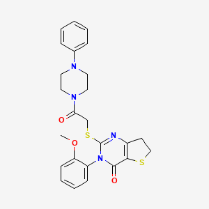 molecular formula C25H26N4O3S2 B2373925 3-(2-methoxyphenyl)-2-((2-oxo-2-(4-phenylpiperazin-1-yl)ethyl)thio)-6,7-dihydrothieno[3,2-d]pyrimidin-4(3H)-one CAS No. 362501-71-1