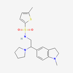 molecular formula C20H27N3O2S2 B2373940 5-methyl-N-(2-(1-methylindolin-5-yl)-2-(pyrrolidin-1-yl)ethyl)thiophene-2-sulfonamide CAS No. 946343-07-3