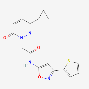 molecular formula C16H14N4O3S B2373991 2-(3-环丙基-6-氧代嘧啶-1(6H)-基)-N-(3-(噻吩-2-基)异恶唑-5-基)乙酰胺 CAS No. 2034536-02-0