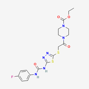 molecular formula C18H21FN6O4S2 B2374088 Ethyl 4-(2-((5-(3-(4-fluorophenyl)ureido)-1,3,4-thiadiazol-2-yl)thio)acetyl)piperazine-1-carboxylate CAS No. 886935-01-9